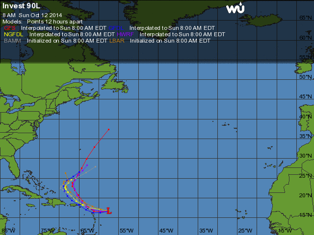 Figure 2. Prévisions de trajectoire de l’Invest 90L selon les modèles. Crédit image : Wunderground