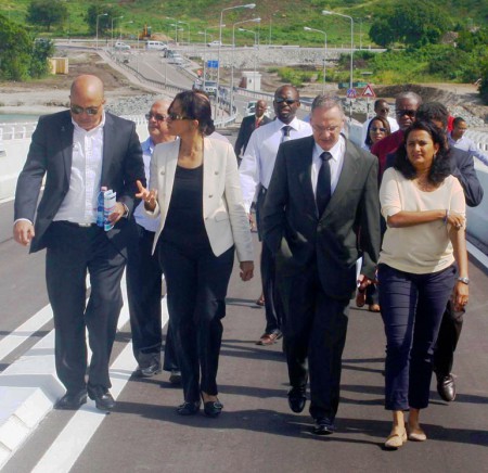 "The Prime Minister was joined by the Prefet of St. Maarten M. Philippe Chopin in receiving a tour of the Simpson Bay Causeway by Harbor CEO Mr. Mark Mingo"