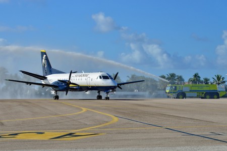 Seaborne Airlines maiden flight to St. Maarten receiving the “water canon” salute at SXM Airport. (SXM photo)