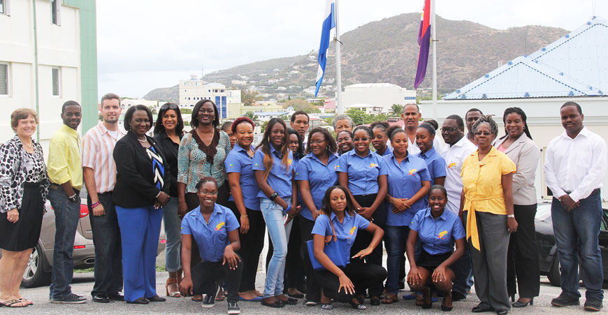 Minister of Education Hon. Patriacia Lourens Philip (4th left) and Public Education Head, G. Davis-Holiday (6th left) along with the group of local teachers and Apprentice Training Centre Agricole Guadeloupe teacher trainees.
