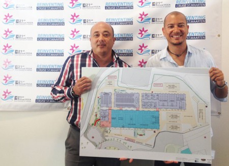 Port St. Maarten Chief Executive Officer Mark Mingo welcoming Nature Foundation Director Tadzio Bervoets who will be one of the participants in the St. Maarten Village Pavilion Booth.  They are holding the layout for the conference hall.
