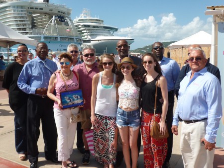 Foreground, L to R: Port St. Maarten Government Relations Hector Peters, Marleen Tharpe (holding the commemorative plaque), husband John Tharpe, and their three grand-daughters, Minister Hon. Claret Connor standing behind the three young ladies, Port St. Maarten Supervisory Board Director Renald Williams (right) along with other representatives from Port St. Maarten and the Ministers Cabinet.