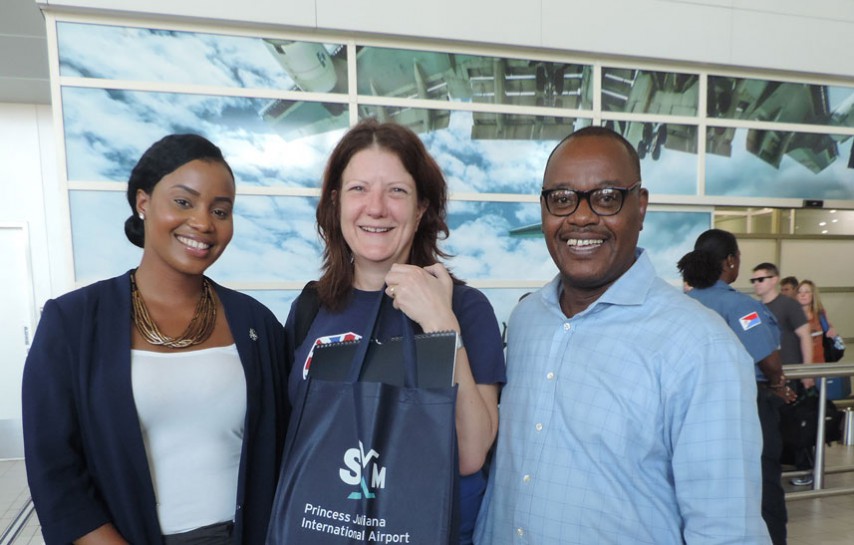 L-R: Shanéé Hodge, SXM Airport Marketing Intern, Professor Margaret Bates, Manager of the Centre for Sustainable Wastes Management (Keynote speaker), and Mr. Stephane J. de Dje-Robert, of Island Vision Foundation, organizer of the event. (SXM photo)