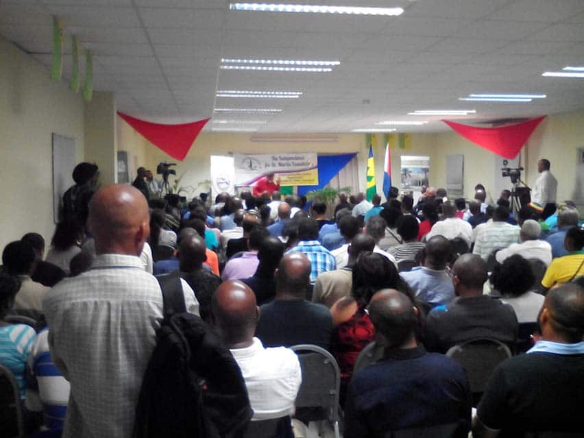 Audience at the Emancipation Day Lecture, which was delivered by the Prime Minister of St. Vincent and the Grenadines, Dr. Ralph Gonsalves (at podium), St. Martin, USM. (CLF photo)