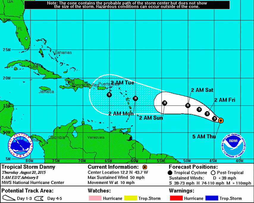 Prévisions de trajectoire de la tempête tropicale DANNY. Crédit image : NHC
