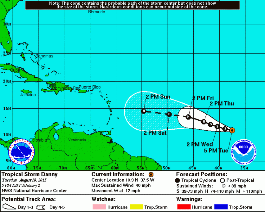 Prévisions de trajectoire de la tempête tropicale DANNY. Crédit image : NHC
