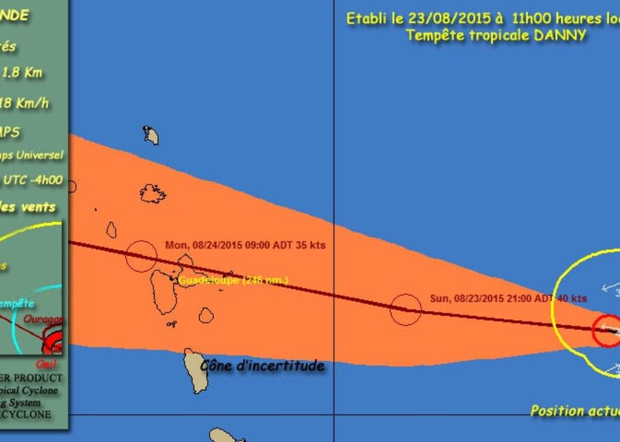 SXMCYCLONE : La tempête tropicale Danny poursuit sa route à l’ouest. Elle devrait atteindre le nord de la Guadeloupe demain lundi