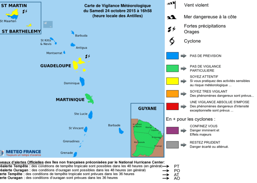 MAJ – Dimanche 25 octobre 10h00 – Météo France : Niveau de vigilance JAUNE danger Fortes pluies et Orages sur les îles du Nord