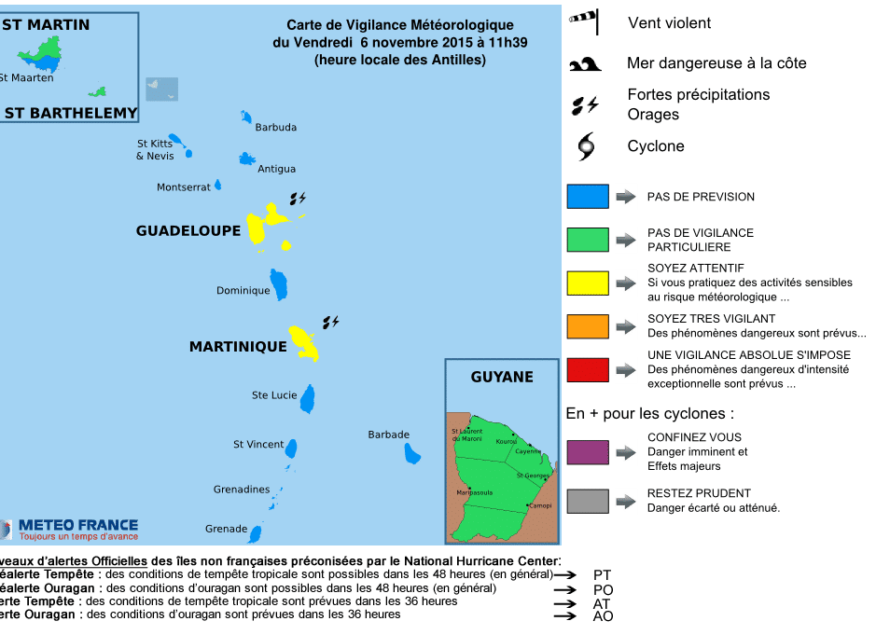Guadeloupe et Martinique : Niveau de vigilance JAUNE – Danger : Fortes pluies et Orages