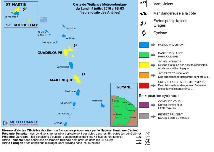 Bulletin de suivi VIGILANCE n° 1 pour les Iles du Nord : Saint-Martin et Saint-Barthélemy du Lundi 04 juillet 2016 à 18h16 légales soit 22:16 UTC