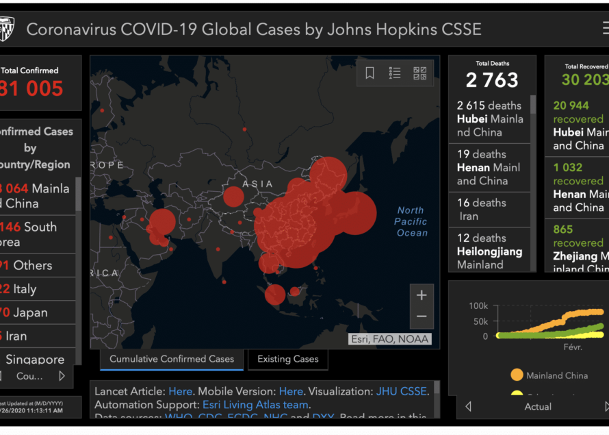 La carte de l’université Johns Hopkins permet de suivre en temps réel la propagation du Coronavirus 2019 nCoV à travers le monde