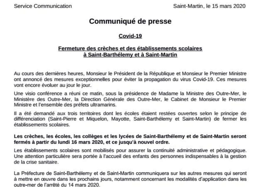 Saint-Barthélemy & Saint-Martin : Covid-19 – Fermeture des écoles
