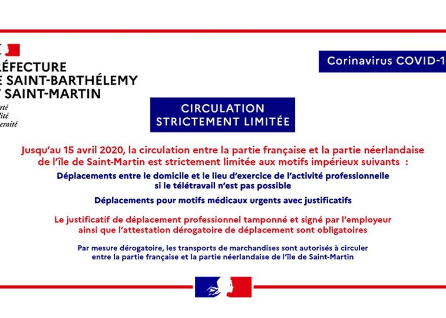 SAINT-MARTIN : Circulation strictement limitée et fermeture de la frontière à partir de lundi 30 mars jusqu’au 15 avril 2020
