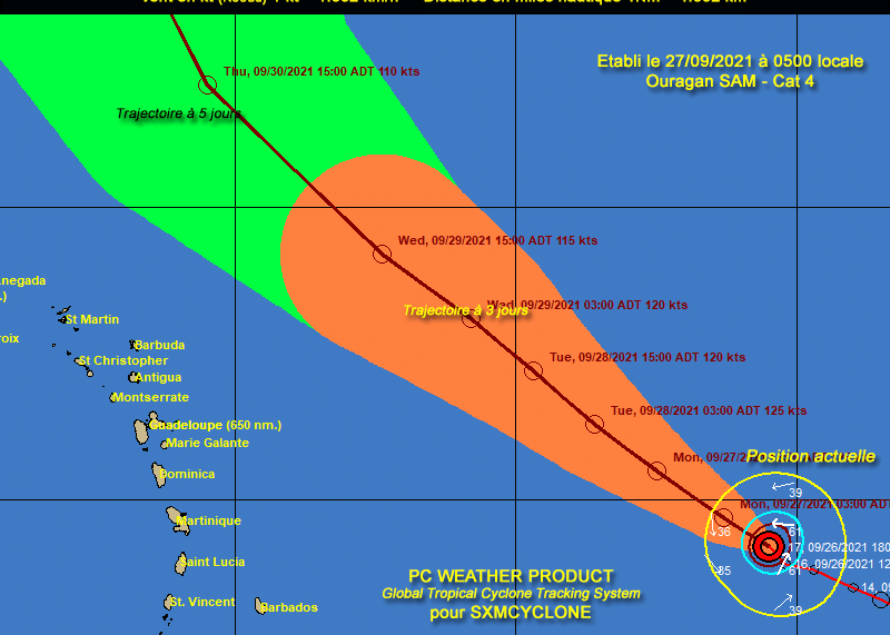 Sxmcyclone : SAM ouragan de Catégorie 4 en légère diminution d’intensité et un cap à 315°